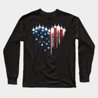 Retro Fighter Jet Airplane American Flag Heart 4th Of July Long Sleeve T-Shirt